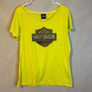 Harley Davidson Womens‎ T-Shirt Neon Yellow Medium Short Sleeve Cotton Biker
